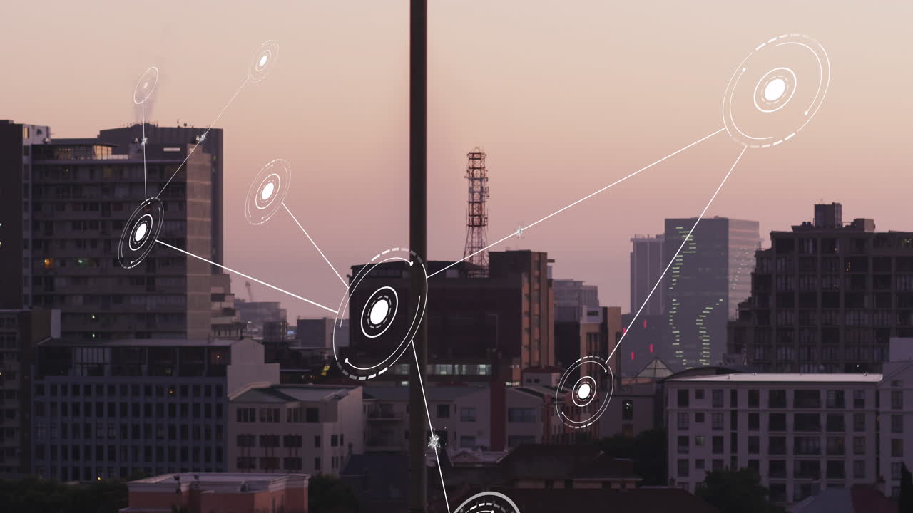 animación de la red de conexiones con procesamiento de datos sobre el paisaje urbano