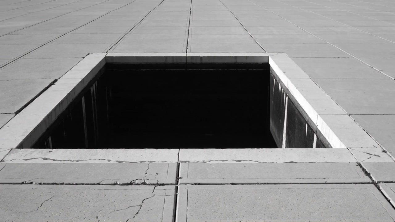 Pointing camera filming tall recessed opening with dark interior in concrete wall to show seams