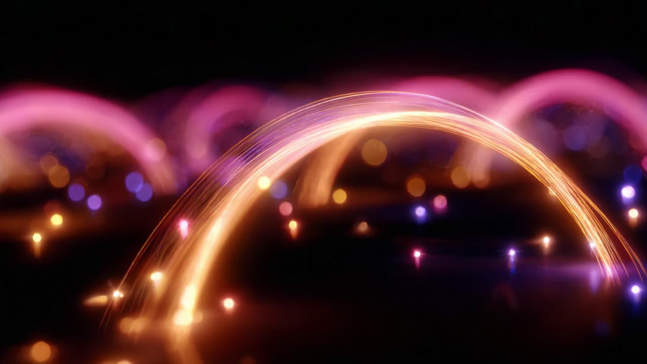 A mesmerizing display of vibrant light arcs gracefully traversing a dark background, showcasing a stunning array of colors blending together beautifully in an artistic representation