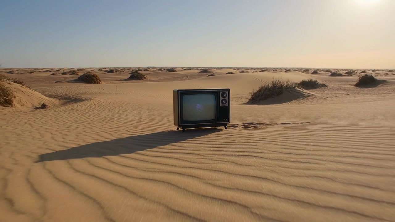 Telecamera che si allontana, una TV CRT retrò con manopole che mostra statico tremolante sulla sabbia, rivelando un deserto.