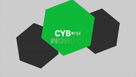 cyber monday with green and black hexagons on white gradient