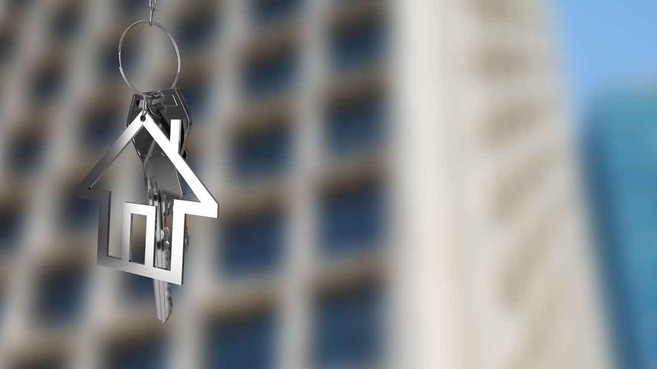 House-shaped keychain animation over blurred high-rise building background