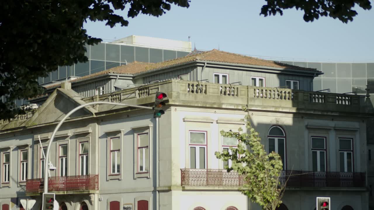 A static shot with Zcam 2-s6 of a building on a street corner in Porto.
