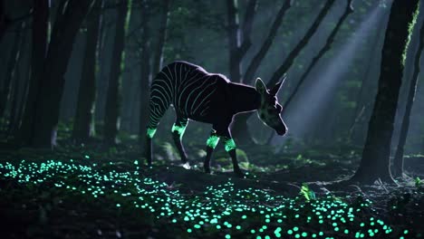 okapi in a glowing forest at night