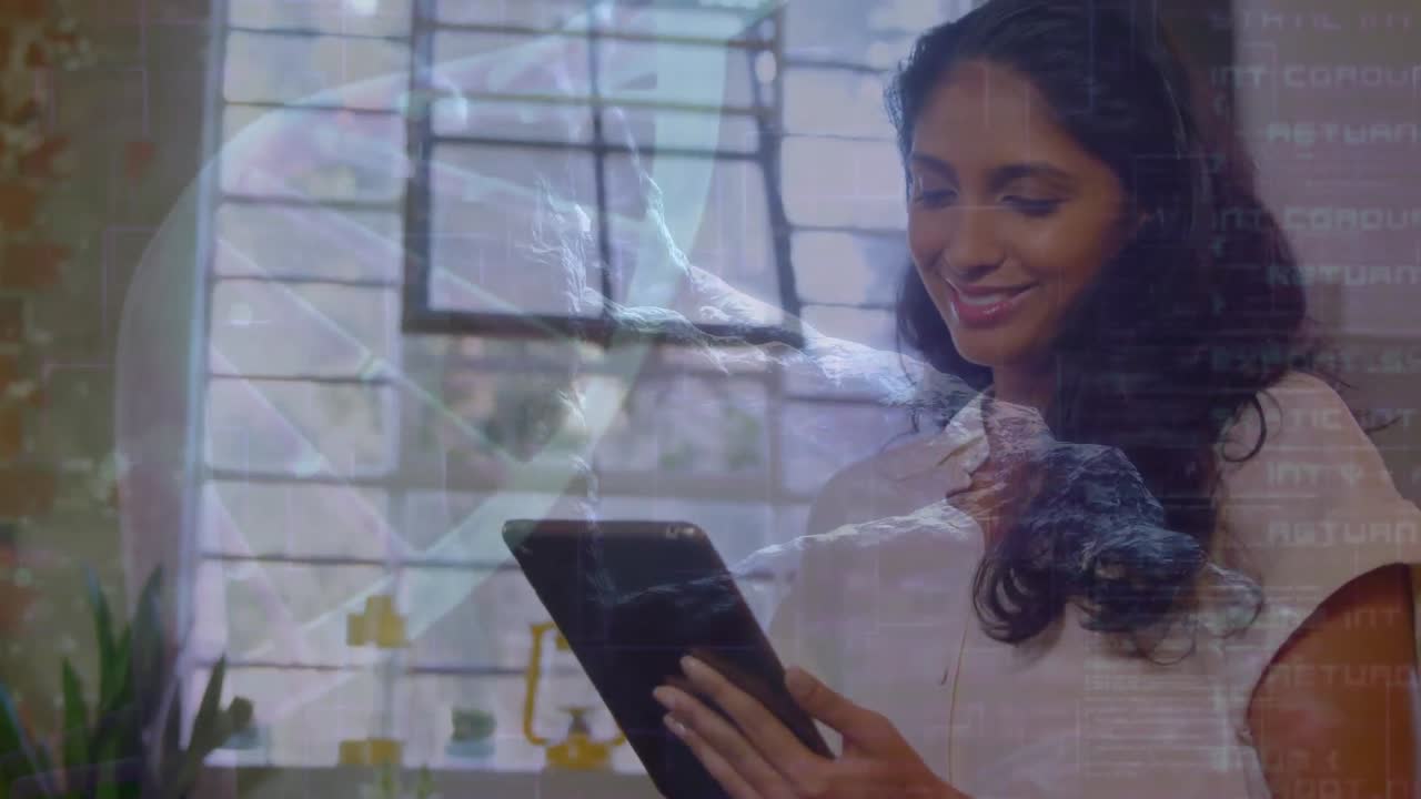 Animation of dna helix rotating with data processing over smiling biracial woman using digital pc