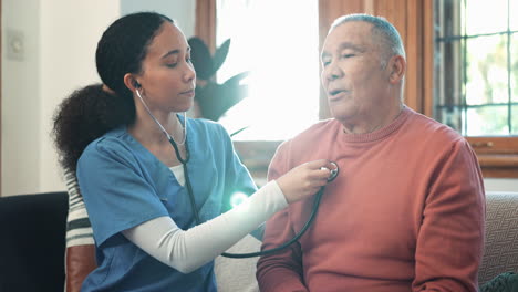 woman, nurse and checking heart beat in elderly