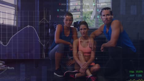 Animation-of-statistical-data-processing-over-diverse-man-and-women-sitting-together-at-the-gym