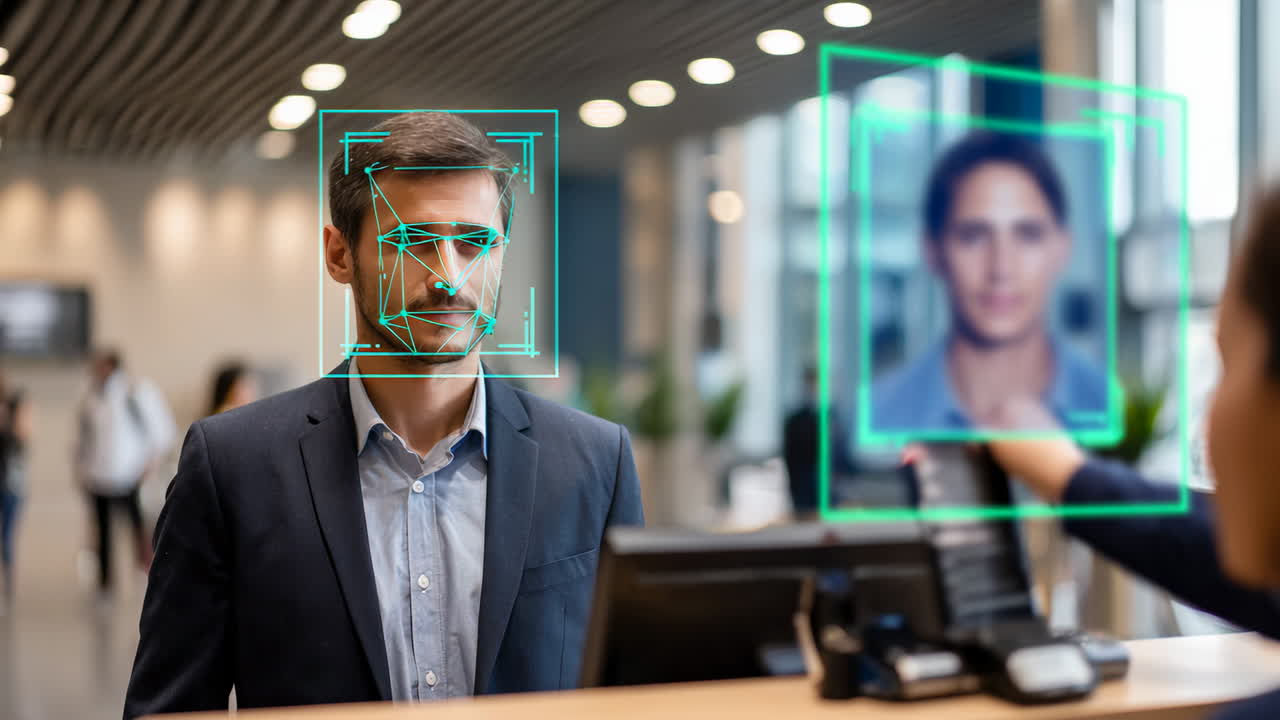 Airport face recognition tech. A man stands at a registration counter while facial recognition software scans his features for identity verification