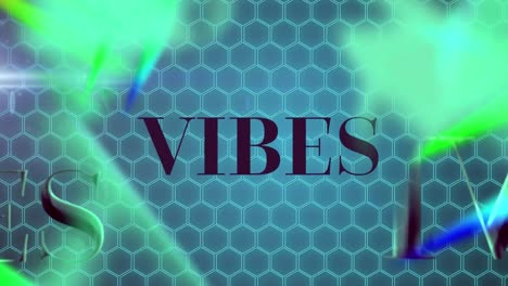 animation of vibes text over shapes on blue background