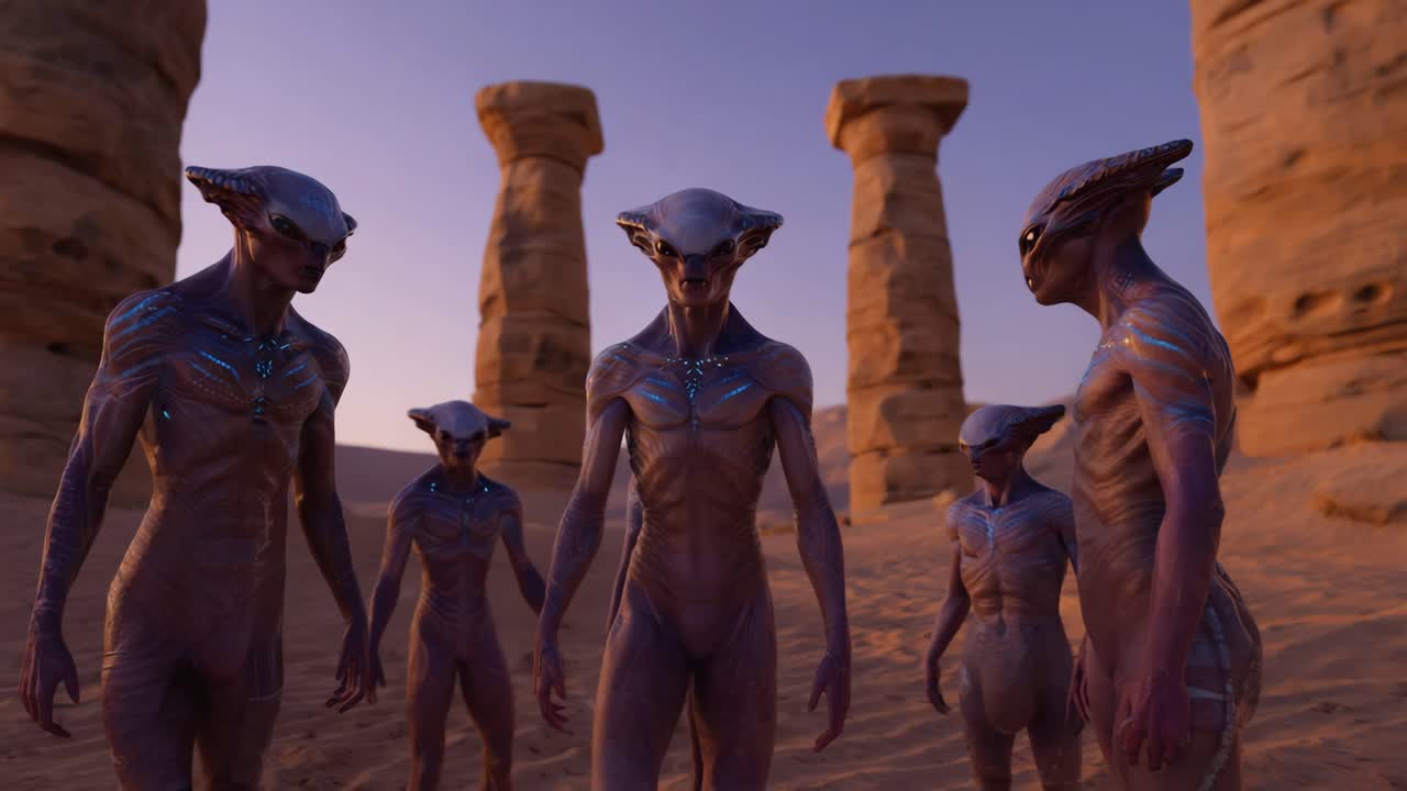 Aliens in a Desert Landscape with Ancient Pillars