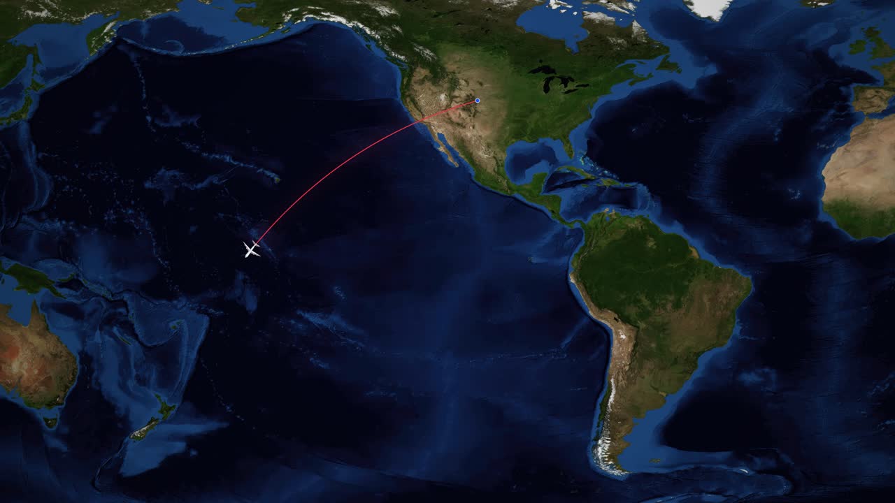 A red line tracks an airplane flying from Denver to Auckland across a world map