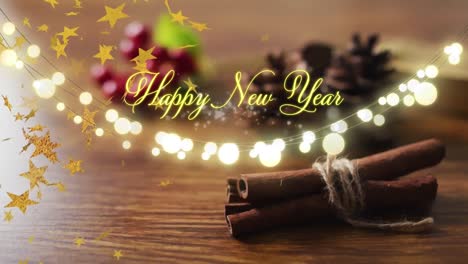 Animation-of-happy-new-year-text-with-fairy-lights-over-stars-and-spices