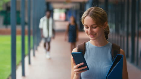 Weibliche-High-School--Oder-Sekundarschülerin,-Die-Sich-Im-Freien-Am-Telefon-Soziale-Medien-Oder-Das-Internet-Ansieht