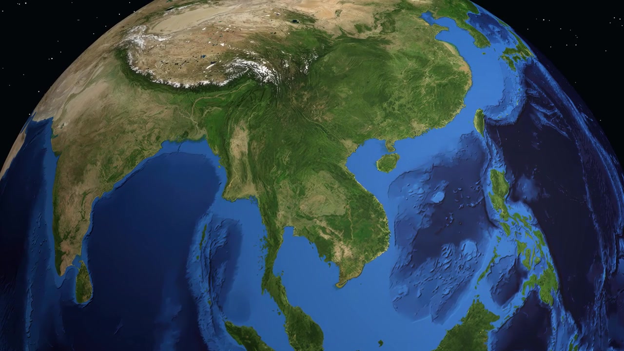 Un'animazione digitale ingrandisce dallo spazio profondo verso il Sud-est asiatico, individuando Vientiane, Laos.