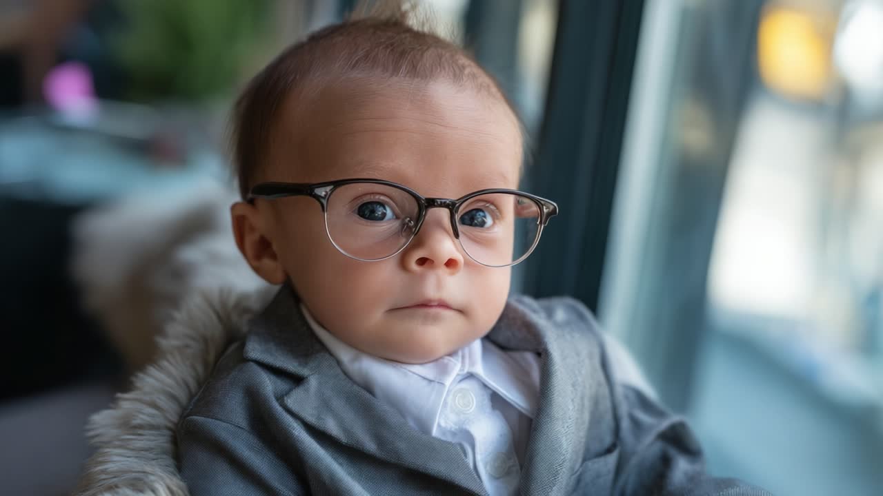 Bambino adorabile in un elegante abito e occhiali, immortalato in un abbigliamento raffinato, che trasuda sicurezza e fascino mentre guarda pensieroso fuori dalla finestra