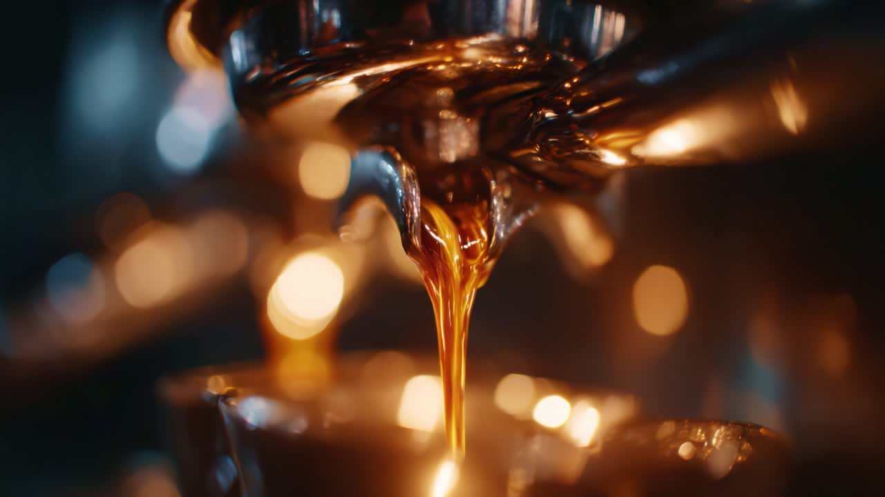 Nærbillede af espressobrygning med fyldig, flydende kaffe i en dynamisk scene, der fremhæver bryggeprocessen fra en espressomaskine