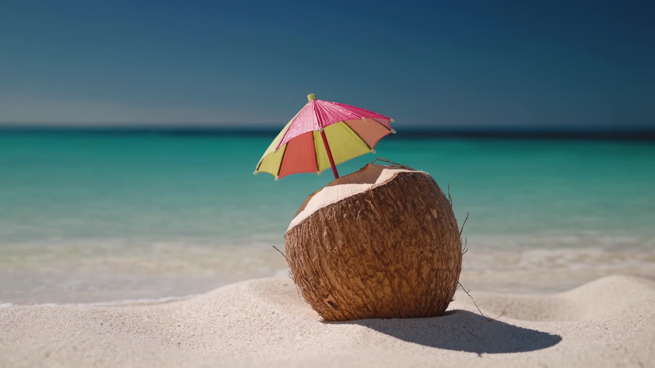 Noce di cocco con ombrellino colorato su una spiaggia sabbiosa, con onde che lambiscono delicatamente la riva, catturando la serena atmosfera tropicale e il relax in un paradiso illuminato dal sole