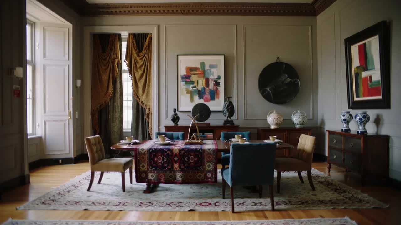 Camera dollying forward toward dining table in period room, revealing tablecloth, bowls, plates