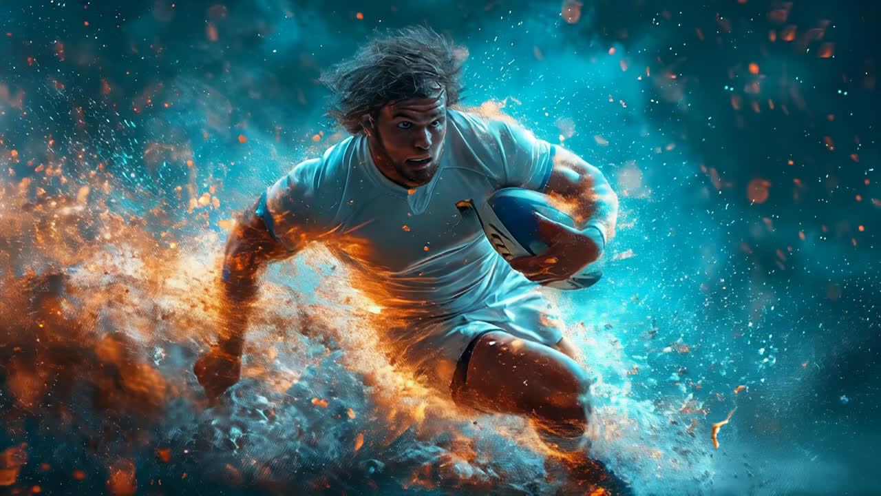 Rugby player runs with ball in action. A rugby player sprints forward while holding a ball during a match at night with bright effects around