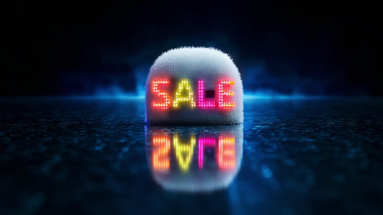 Illuminated LED Display Advertising a Discount with Vibrant Colors Reflecting on a Dark Glossy Surface, Highlighting a Sale Message in a Creative Marketing Visual