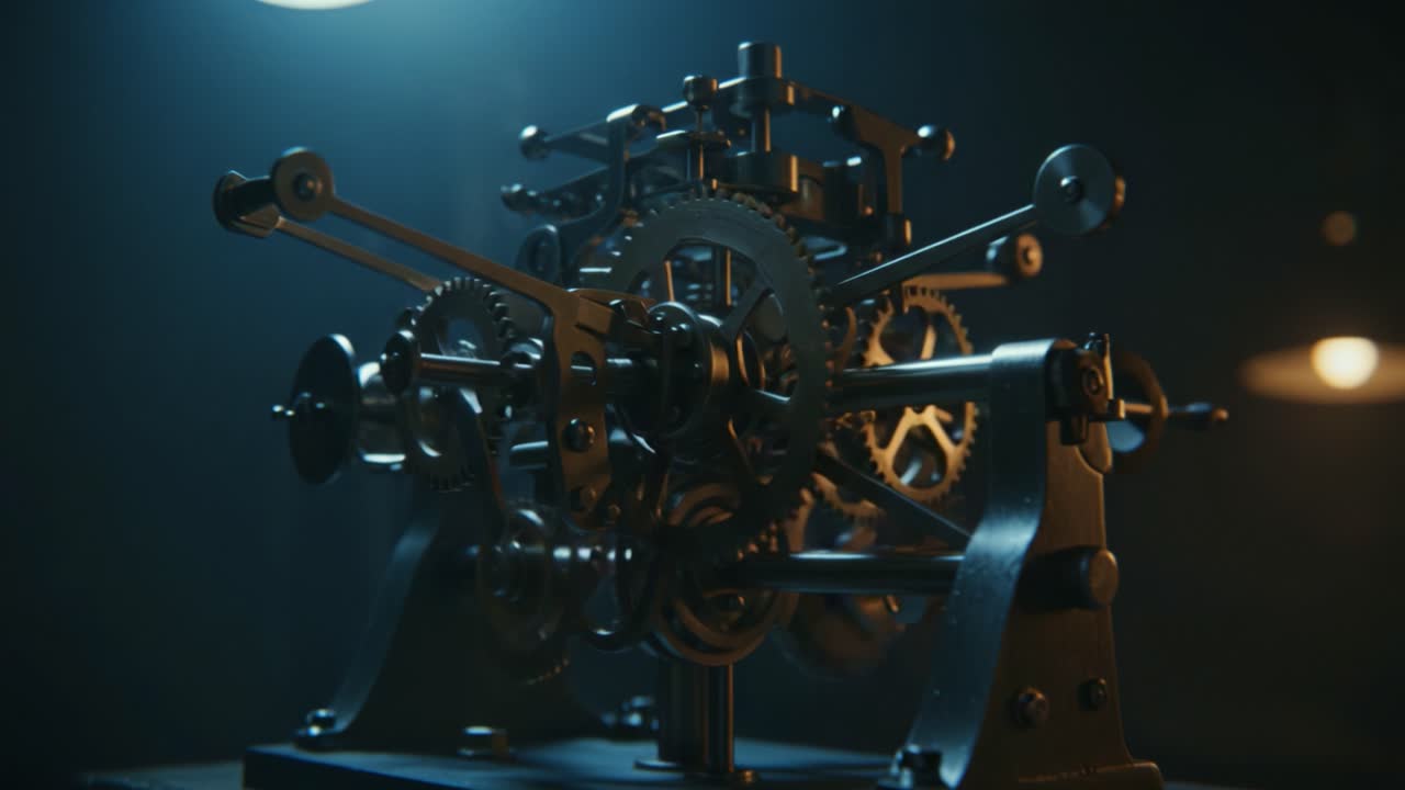 An Intricate Mechanism Showcasing the Beauty of Precision Engineering, Featuring Interconnected Gears and Components in a Dimly Lit Environment