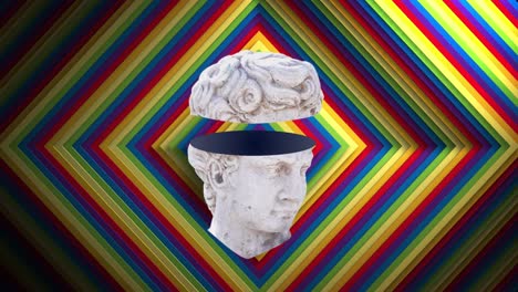 animation of distorting spliced classical sculpture bust over concentric rainbow diamond stripes