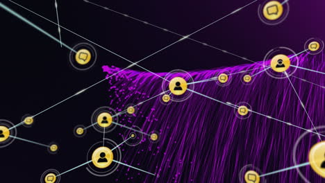 animación de la red de conexiones con iconos digitales sobre senderos de luz púrpura