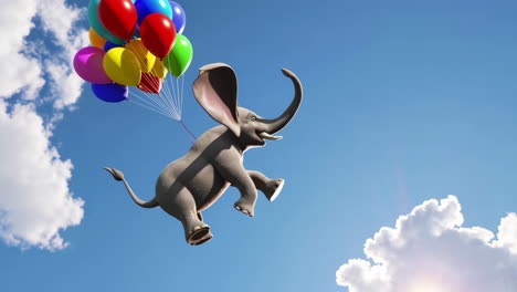 whimsical elephant flying with colorful balloons in the sky
