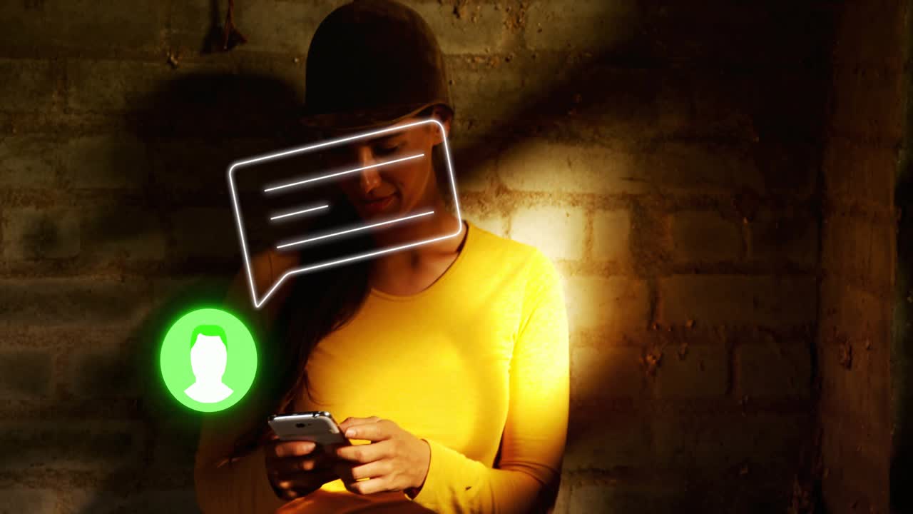 Woman holding phone tapping and replying after glowing contact avatar appears, showing chat tech