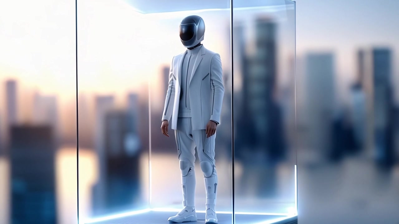 Futuristic Figure in White Suit and Helmet Standing in Glass Display