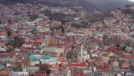 compacted urban landscape at the old town and business district of sarajevo in bosnia and herzegovina. - aerial shot