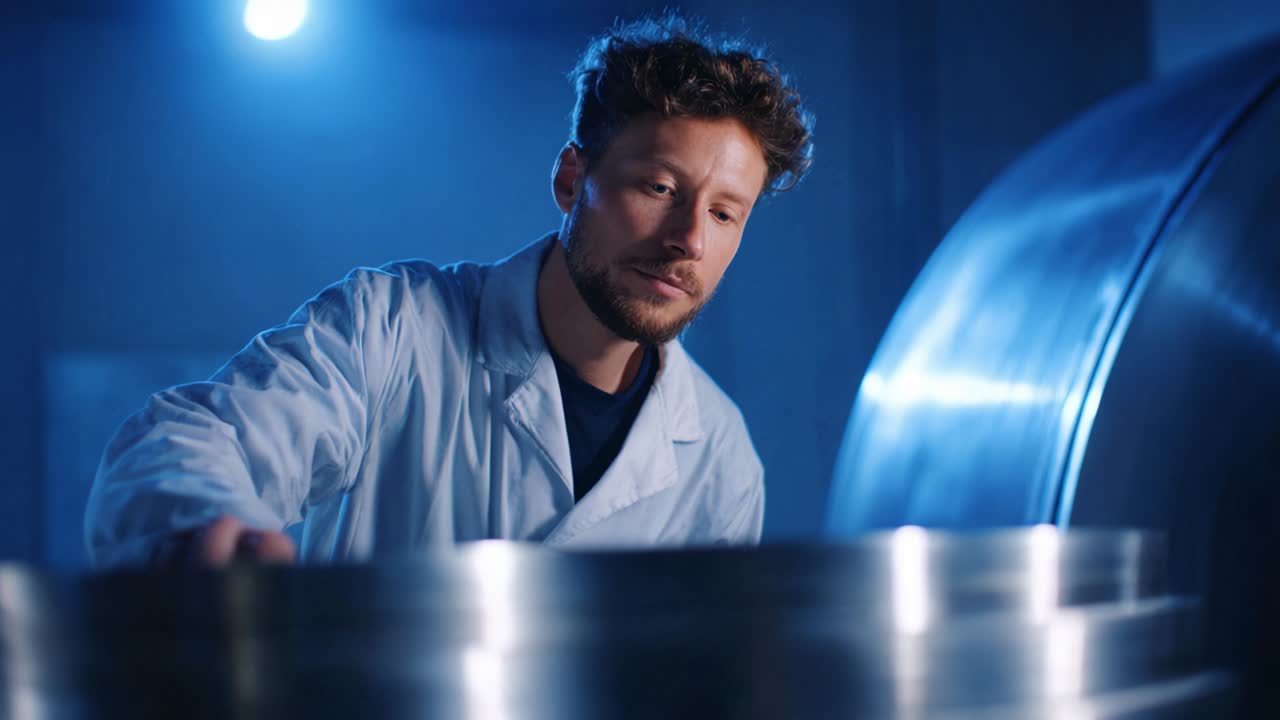 Engineer inspecting metal component in a lab