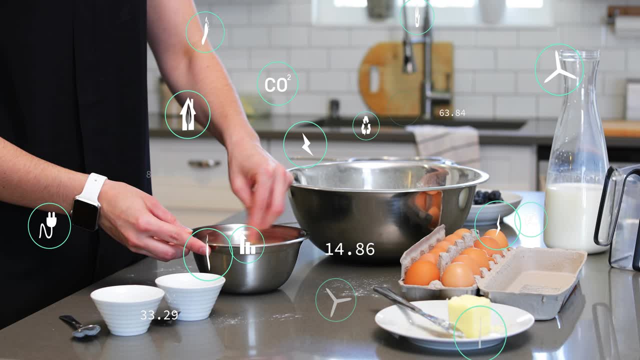 卵を取って殻を割り、調理のために混ぜ合わせる家庭料理人とデジタルオーバーレイ