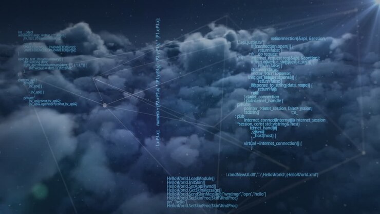 Animation of data processing over night sky with clouds