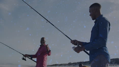 father and son fishing on sandy beach, showing animated technology graphs and floating data points