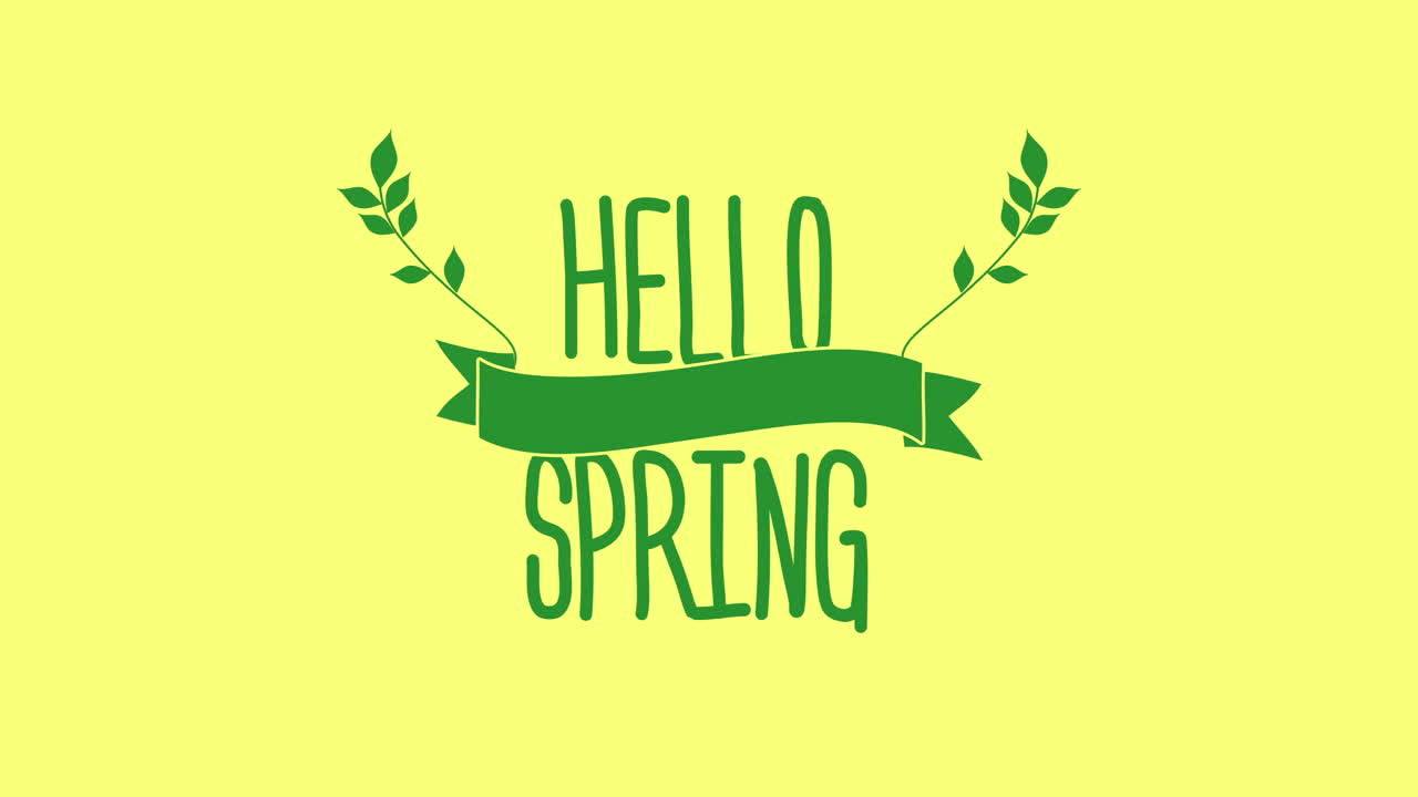 Hello Spring vibrant green banner signals the arrival of the season on sunny yellow background