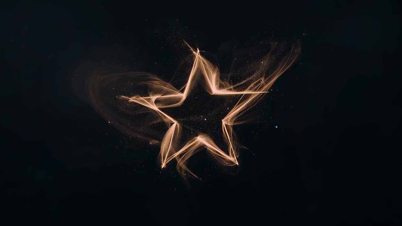 Lighting five-point star pushing smoky filaments, plumes and sparks outward on black void, settling