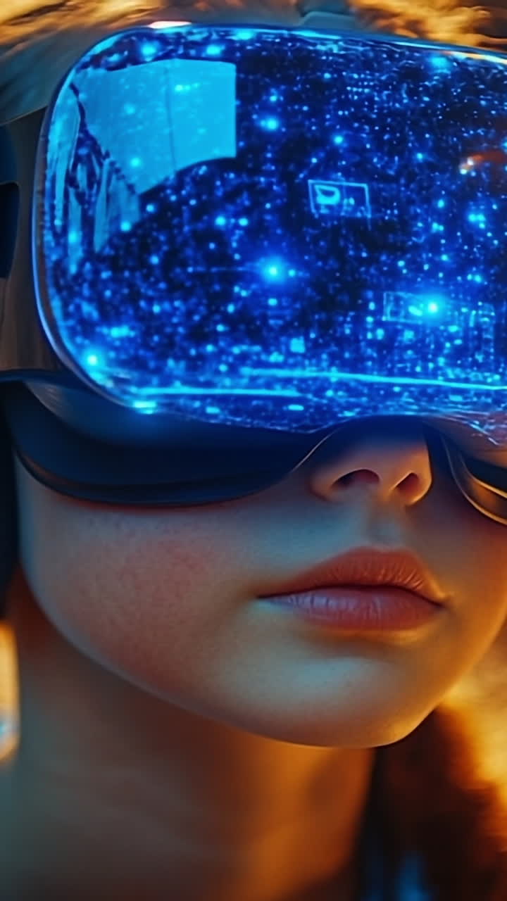 Girl in virtual reality. A child with a glowing VR headset is immersed in an interactive digital world, highlighting advanced tech.