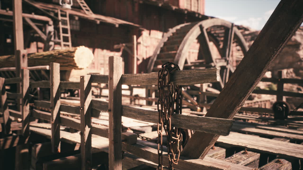 시골 목재 공장에서 사슬과 나무를 가진 오래된 목조 구조물