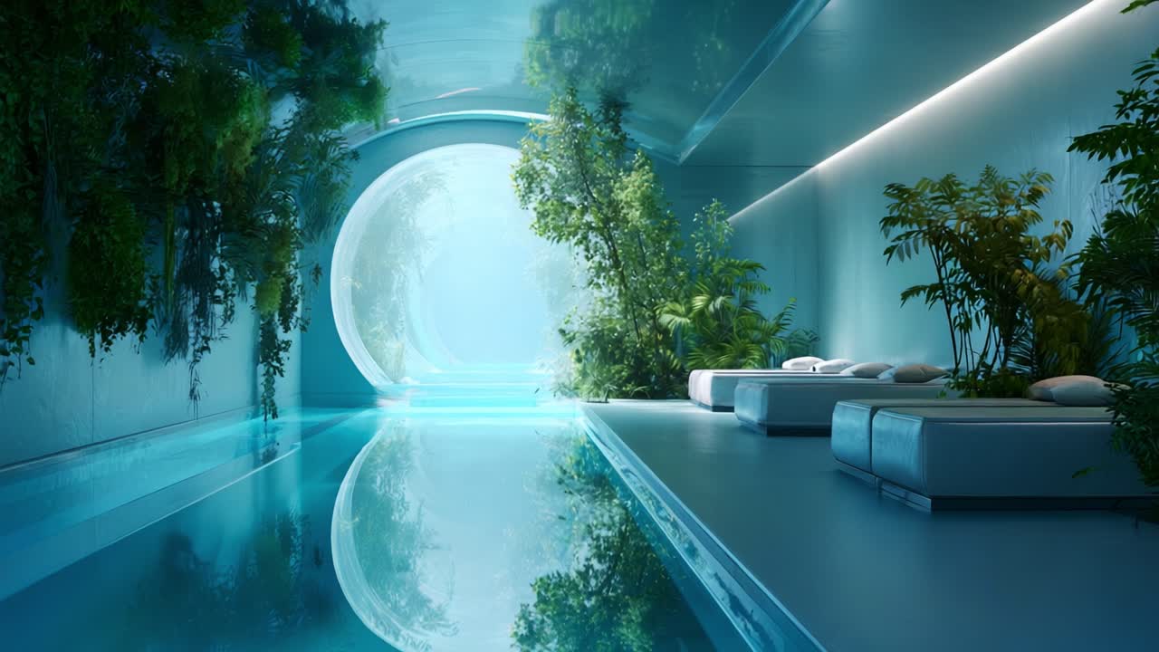 A serene and modern indoor oasis featuring a tranquil pool, lush green plants, and soft seating, bathed in soothing light creating a perfect atmosphere for relaxation and rejuvenation