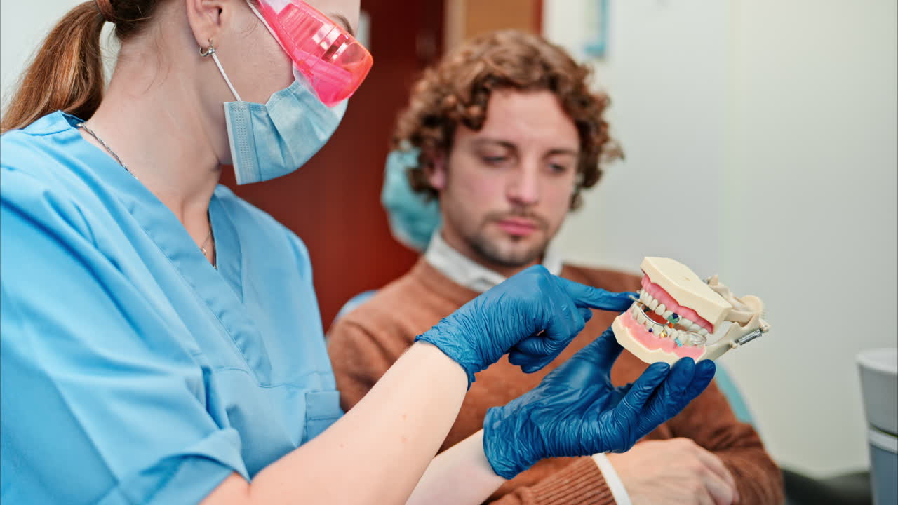 Dentist wearing a protective mask, goggles, and gloves showing a teeth mock up to a patient in a dental cabinet