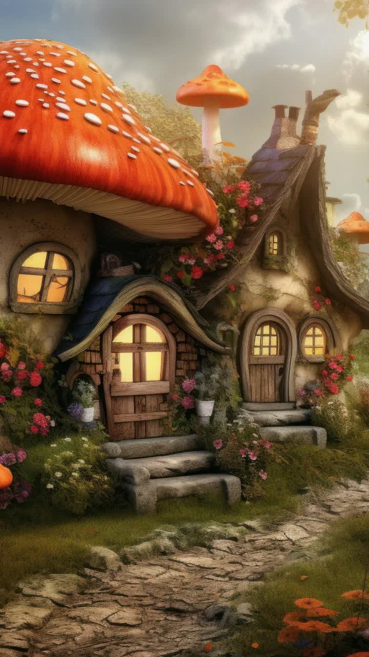Whimsical fairy-tale houses with mushroom roofs, captured from a low-angle, creating a magical video