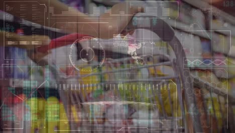 animación del procesamiento de datos sobre mujer caucásica en la tienda