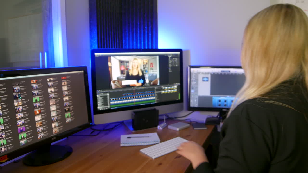 editora de youtuber vlogger escribiendo ideas en un bloc de notas y edición de video en computadoras en la oficina doméstica