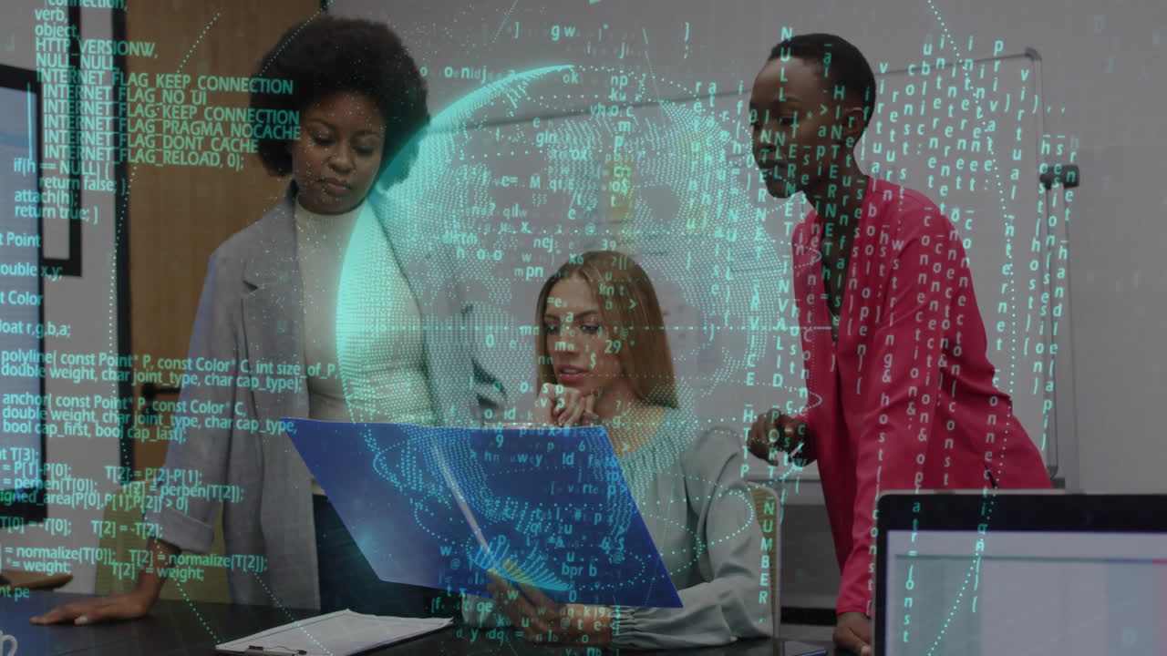 animazione del mondo e l'elaborazione di dati finanziari su diversi uomini d'affari in ufficio