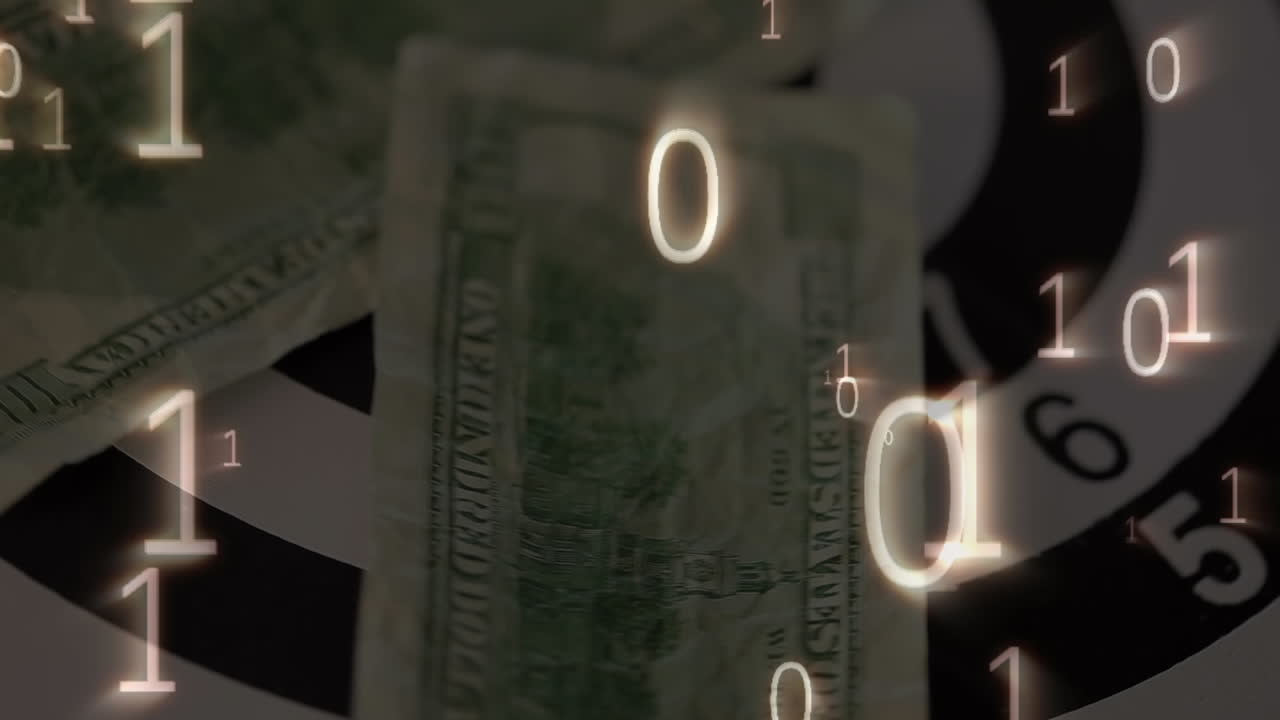 animación de código binario digital sobre billetes de dólares estadounidenses