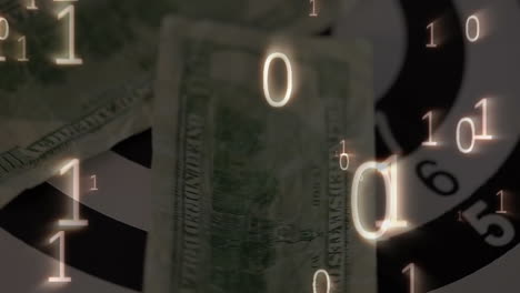 animation of digital binary code over american dollar banknotes