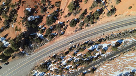 aerial view of cars along route 12 through the scenic red canyon and the dixie national forest near bryce canyon national park, utah