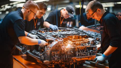 automotive engineers assembling a car engine in a manufacturing facility