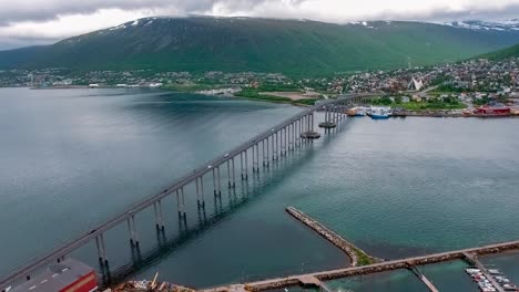 Bridge-of-city-Tromso,-Norway-Aerial-footage